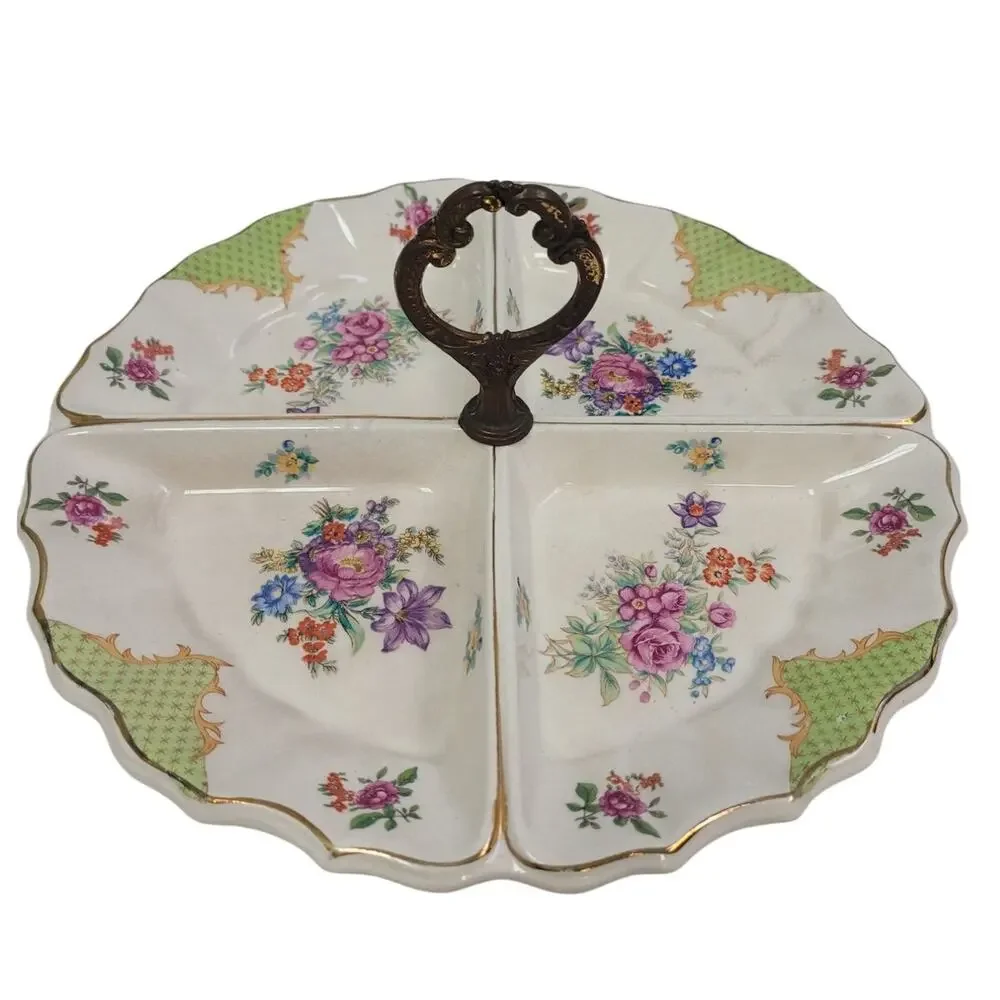 Vintage Made In Japan Floral Fine China Hand Painted Divided Plate Dish w Handle